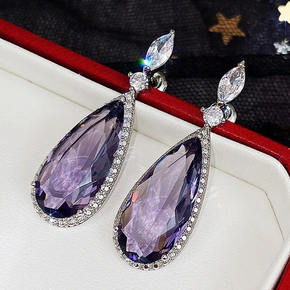 💜Silver Purple Amethyst  Water Drop Earrings - Picture 1 of 6